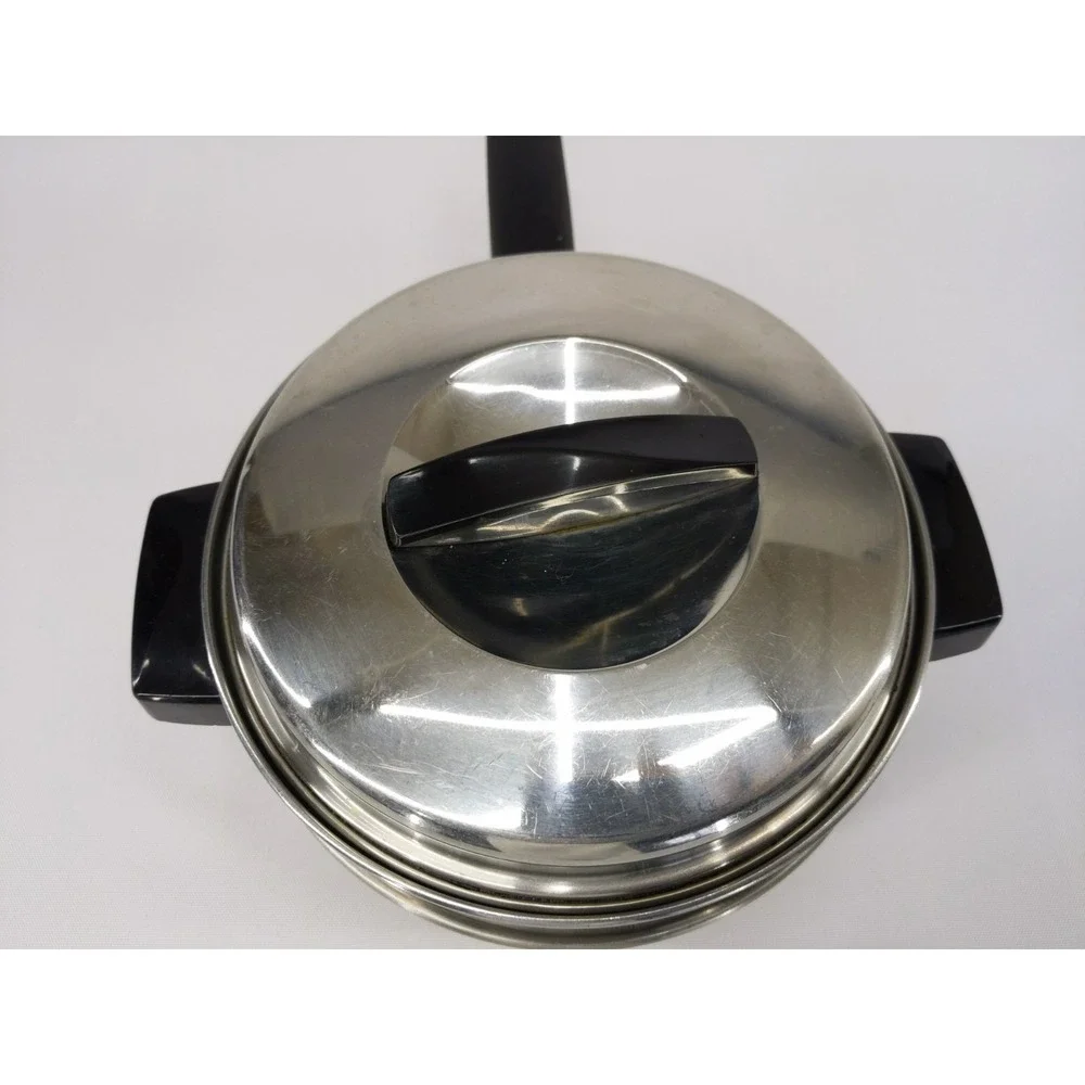 VTG Ecko Stainless Steel Double Boiler w Lid Black Handles‎ Swirl Design 2qt